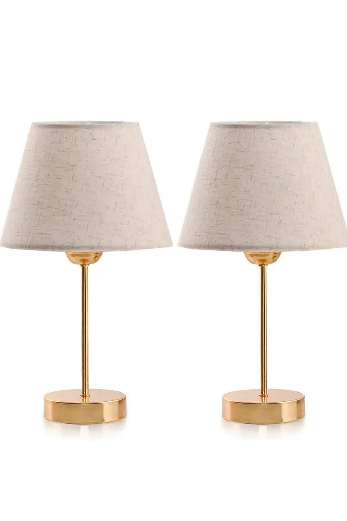Star Gold Ayaklı Abajur Keten Krem Kumaş Başlık Yatak Odası Salon Masa Lambası 2 Adet
