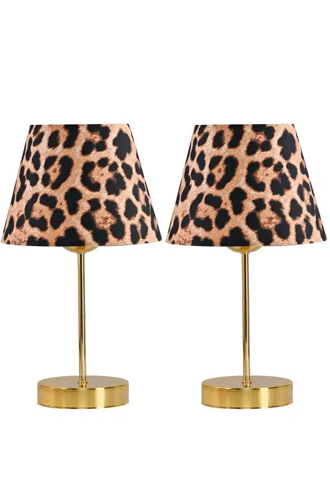 Star Gold Metal Ayaklı Abajur Leopar Desenli Kumaş Başlık Yatak Odası Salon Masa Lambası 2 Adet