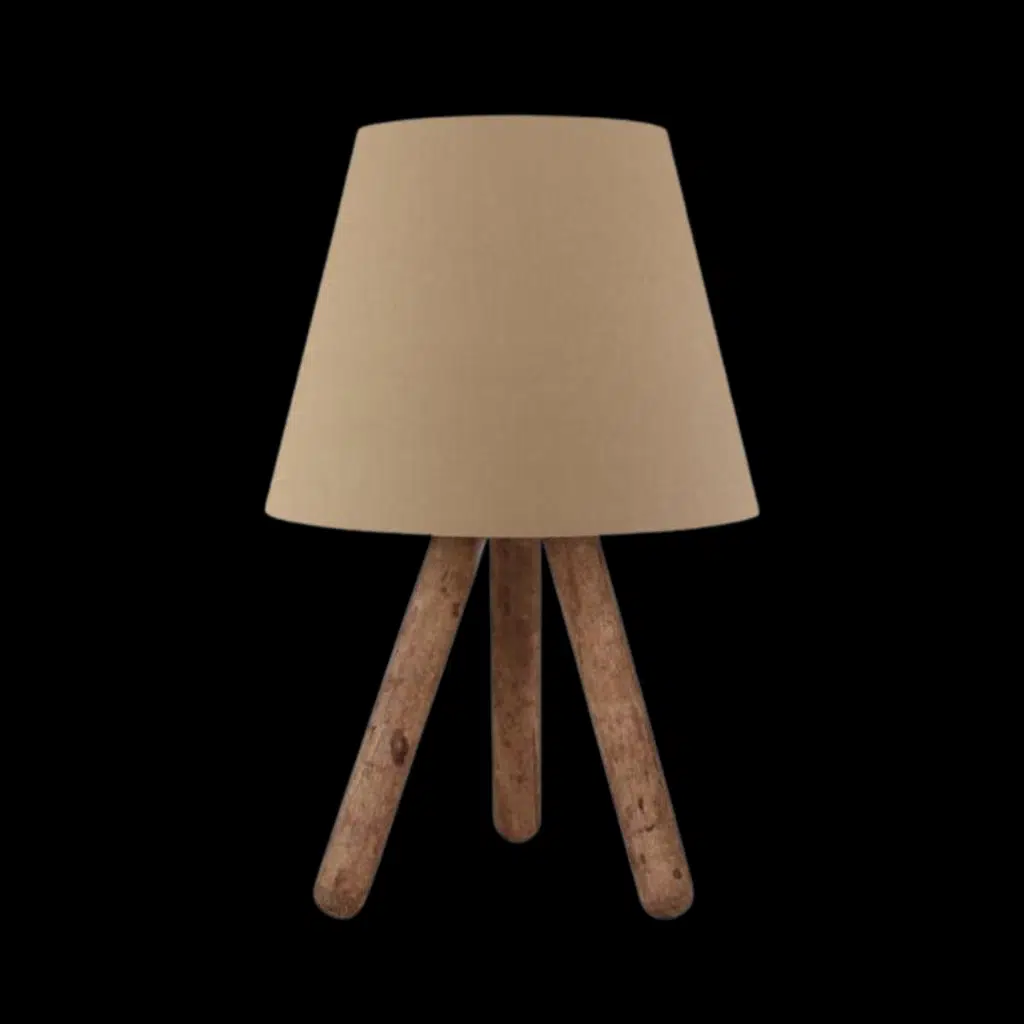 Üç Ayaklı Ahşap Abajur Kahve Kumaş Başlık Yatak Odası Çocuk Odası Masa Lambası