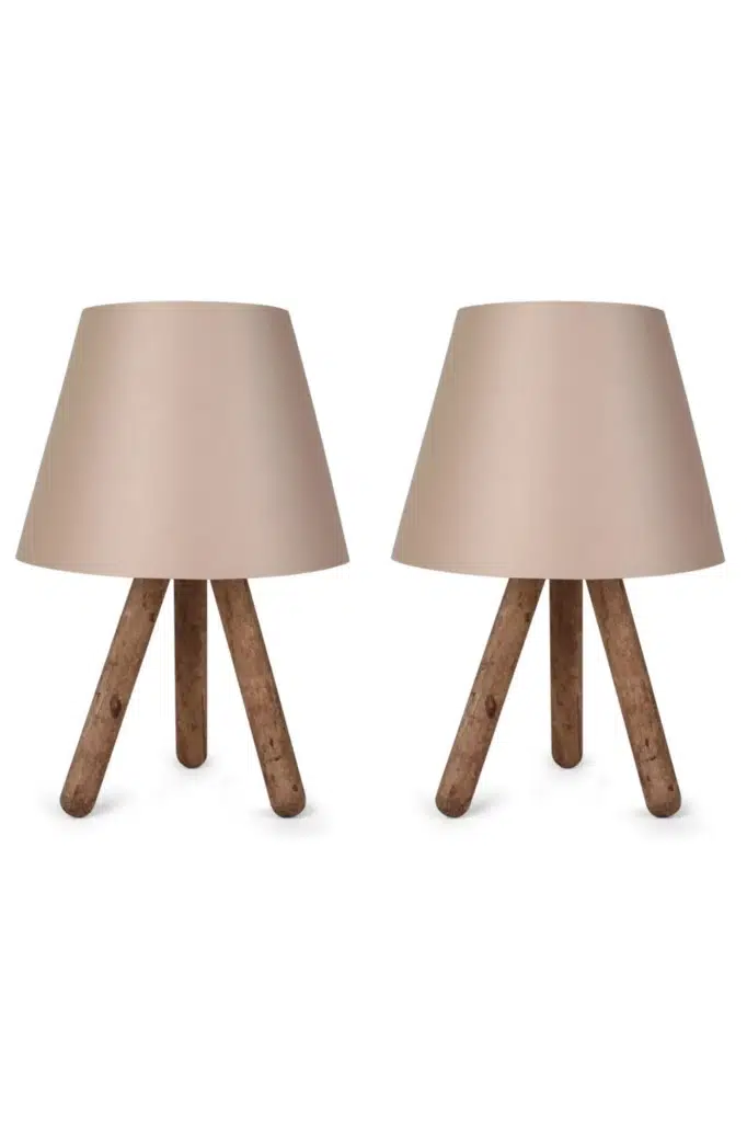Art Tasarım Ahşap Üç Ayaklı Abajur Kahve Rengi Kabartma Dokulu Başlık 2 Adet