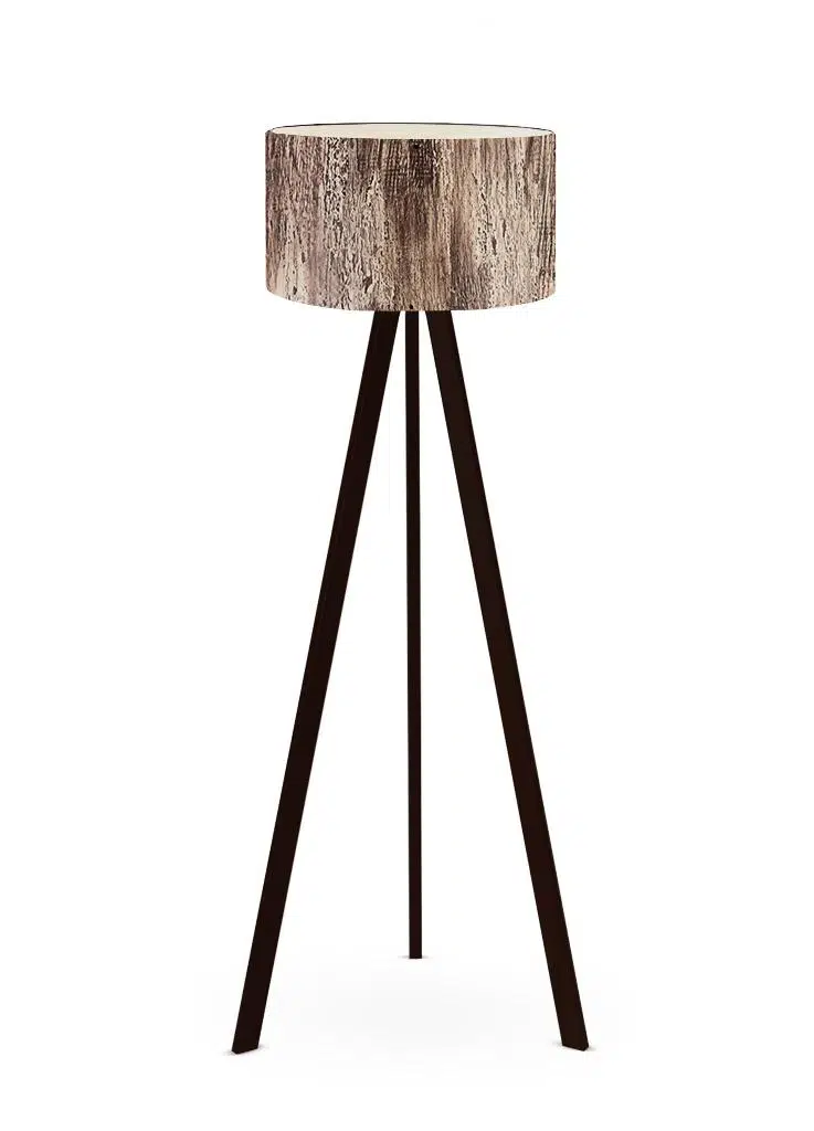 Pratik Tripod Ahşap Ayaklı Lambader Köşe Lambası Ağaç Kabuğu Desen PVC Başlık Siyah MDF Ayak