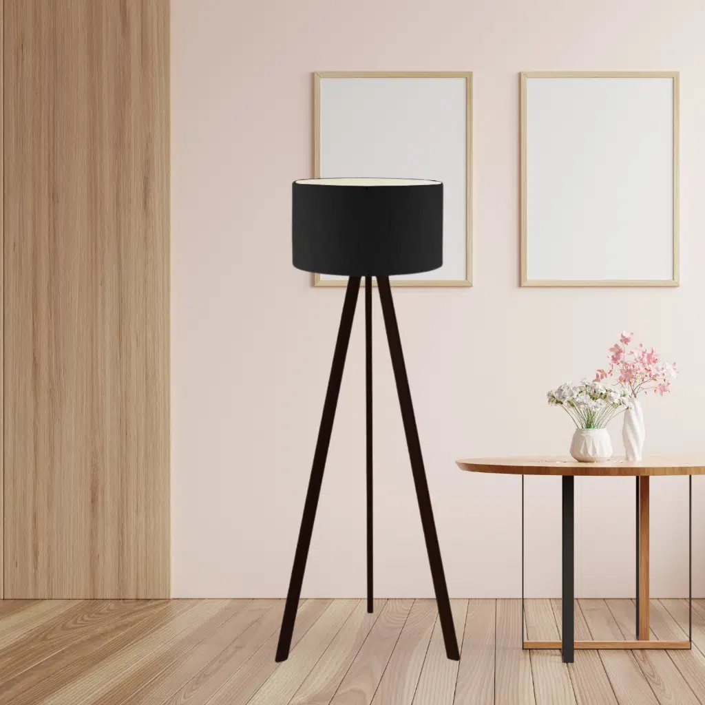 Pratik Tripod Ahşap Ayaklı Lambader Köşe Lambası Siyah Kumaş DARK