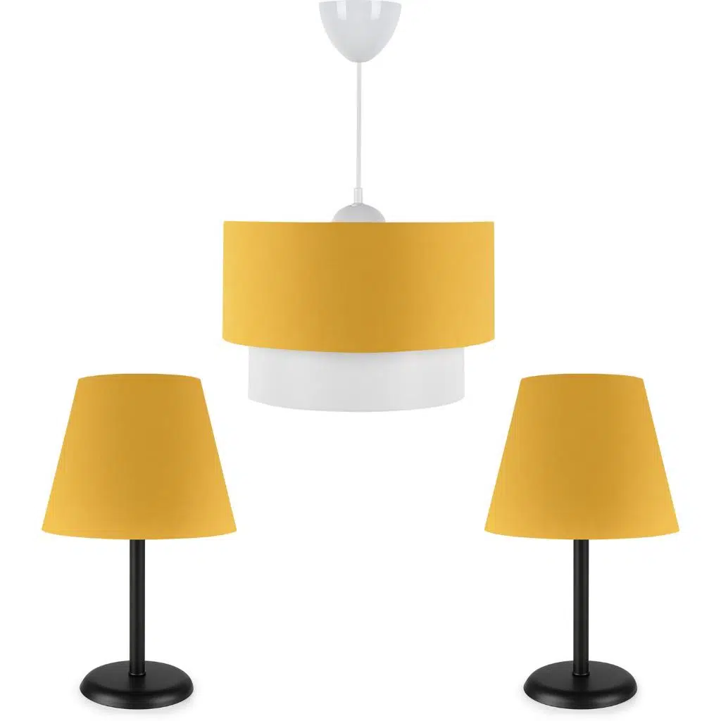 Art Siyah Metal Gövdeli Sarı Kumaş Üçlü Avize ve Abajur Seti 