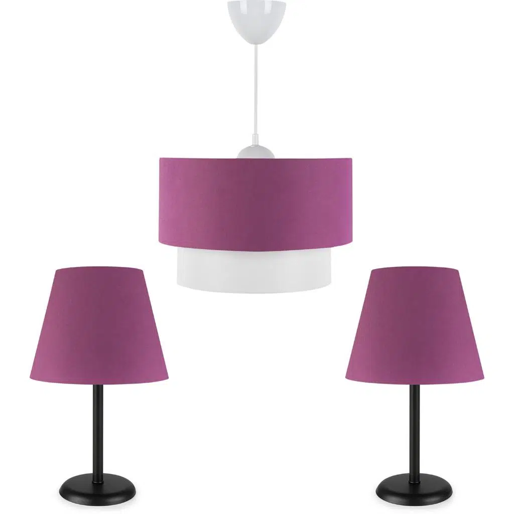Art Siyah Metal Gövdeli Üçlü Avize ve Abajur Seti Mor Kumaş