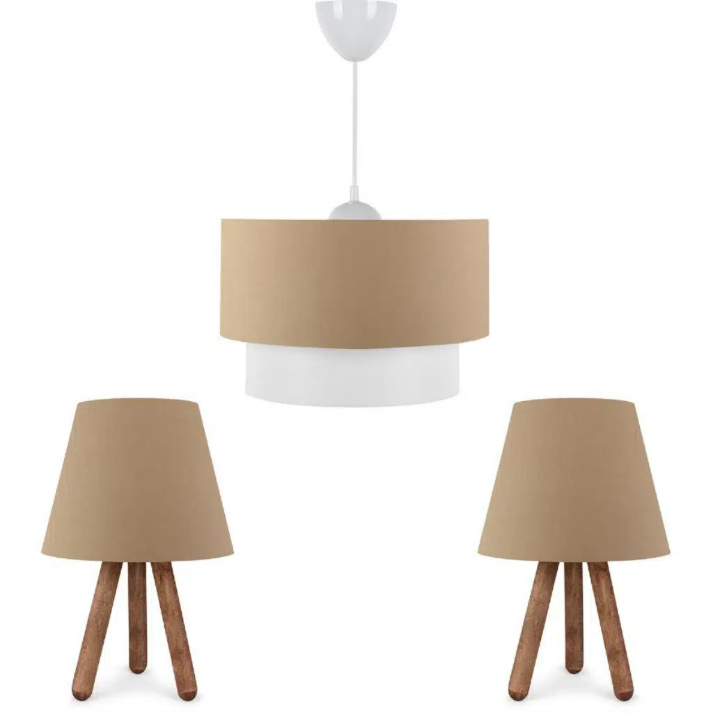 Art Üçlü Avize Ve Abajur Seti Ahşap Ayak Kahve Kumaş Başlık