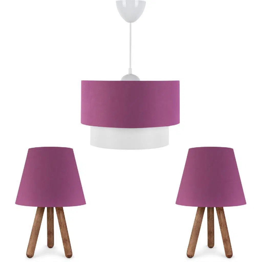 Art Üçlü Avize Ve Abajur Seti Ahşap Ayak Mor Kumaş Başlık