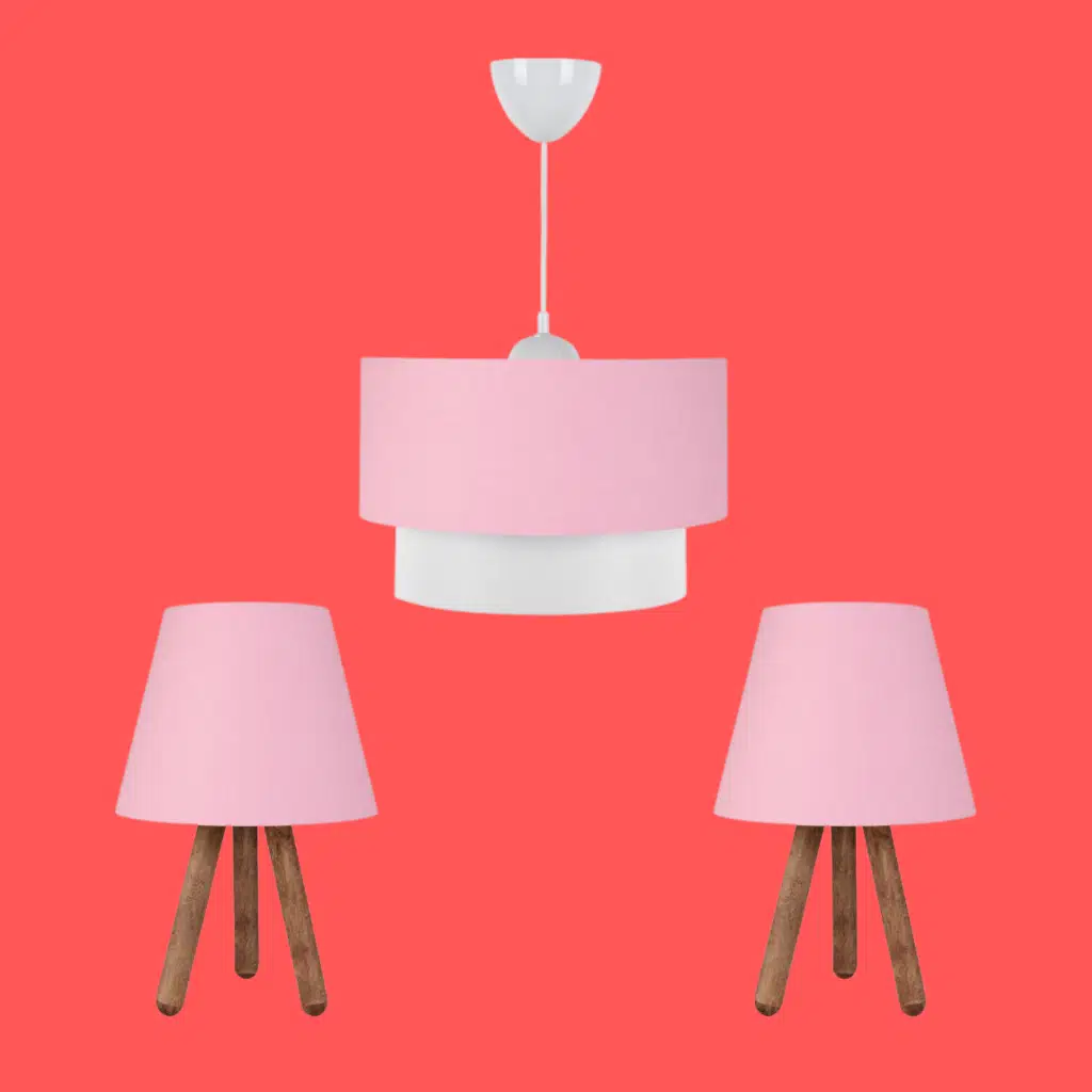 Art Üçlü Avize Ve Abajur Seti Ahşap Ayak Pembe Kumaş Başlık Yatak Odası Çocuk Odası Salon 