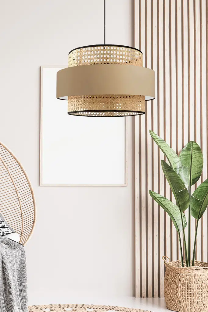 Bohem Trio Metal Kasalı Gerçek Rattan ve Kahve Kumaş Salon Avize Üç Katlı Pasta Yatak Odası Sarkıt