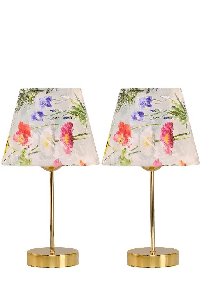 Star Gold Ayaklı Abajur Çiçek Desenli Kumaş Başlık Yatak Odası Salon Masa Lambası 2 Adet