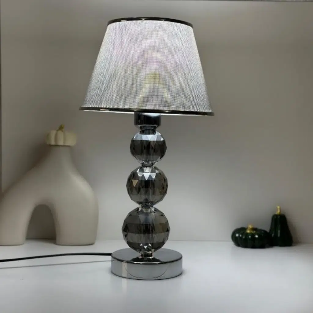 Mooncher Cam Gövdeli Krom Metal Abajur Gümüş Şeritli Gri Kumaş Başlık Gece Lambası