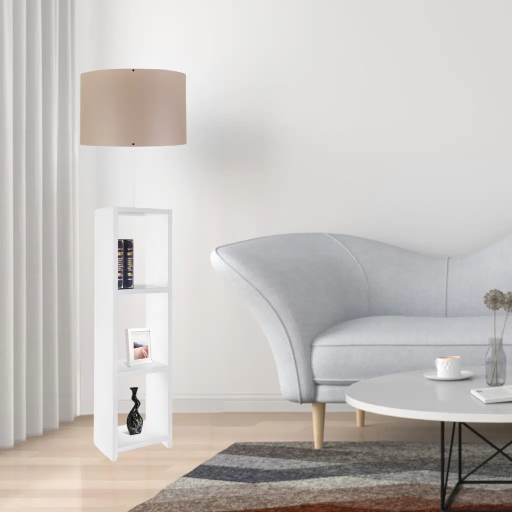 Dekoratif Raflı Beyaz Mdf Lambader Kahve Kumaş Silindir Başlık