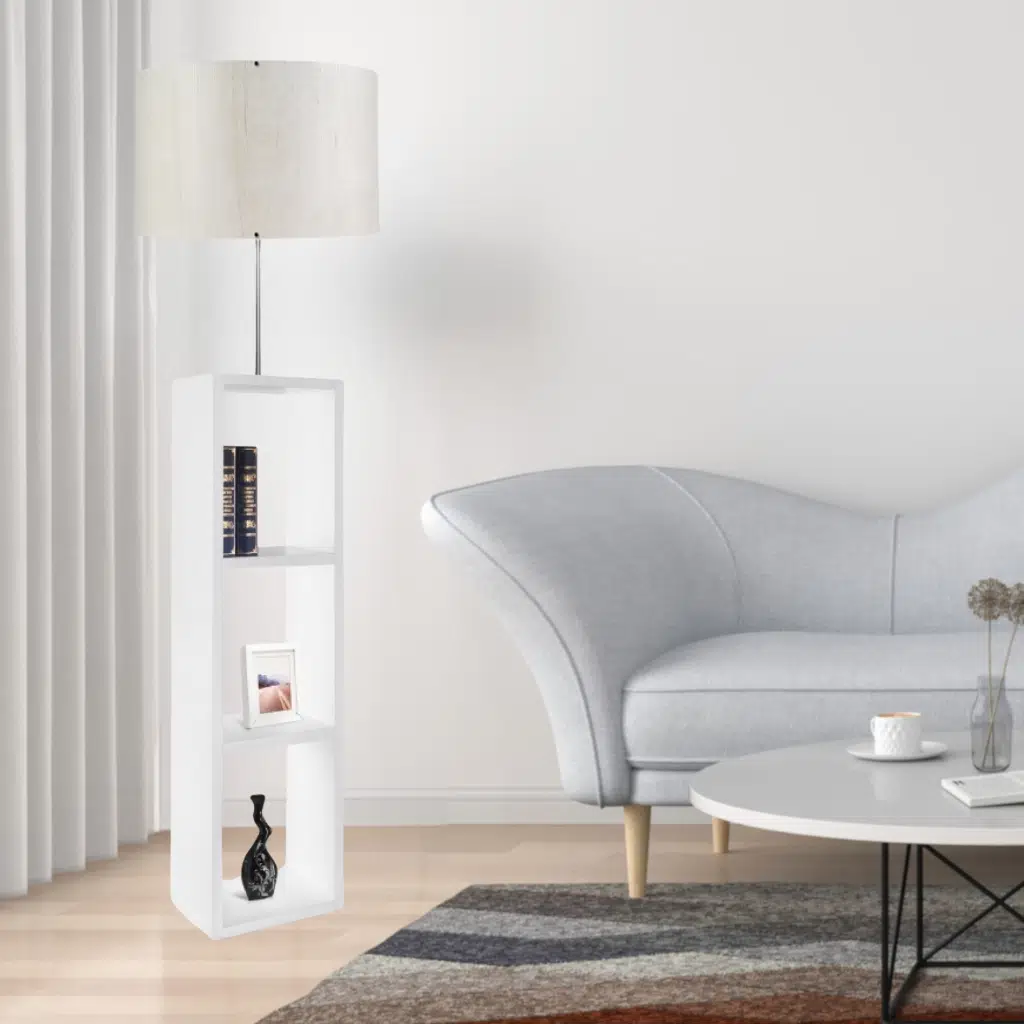 Dekoratif Raflı Beyaz Mdf Lambader Keten Kumaş Silindir Başlık