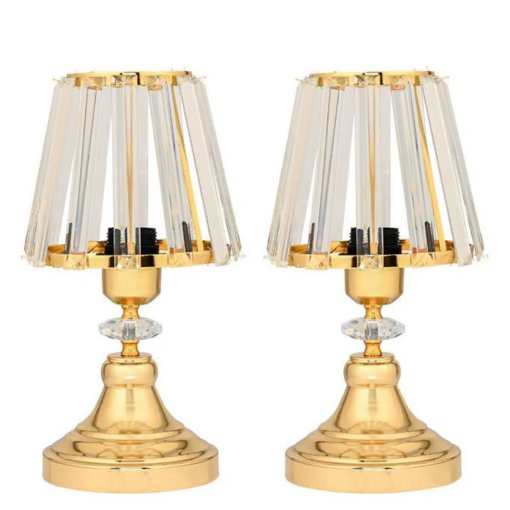 Gerçek Kristal Cam Başlık Gold Metal Gövdeli 2'li Yatak Odası Abajur İki Adet Gece Lambası