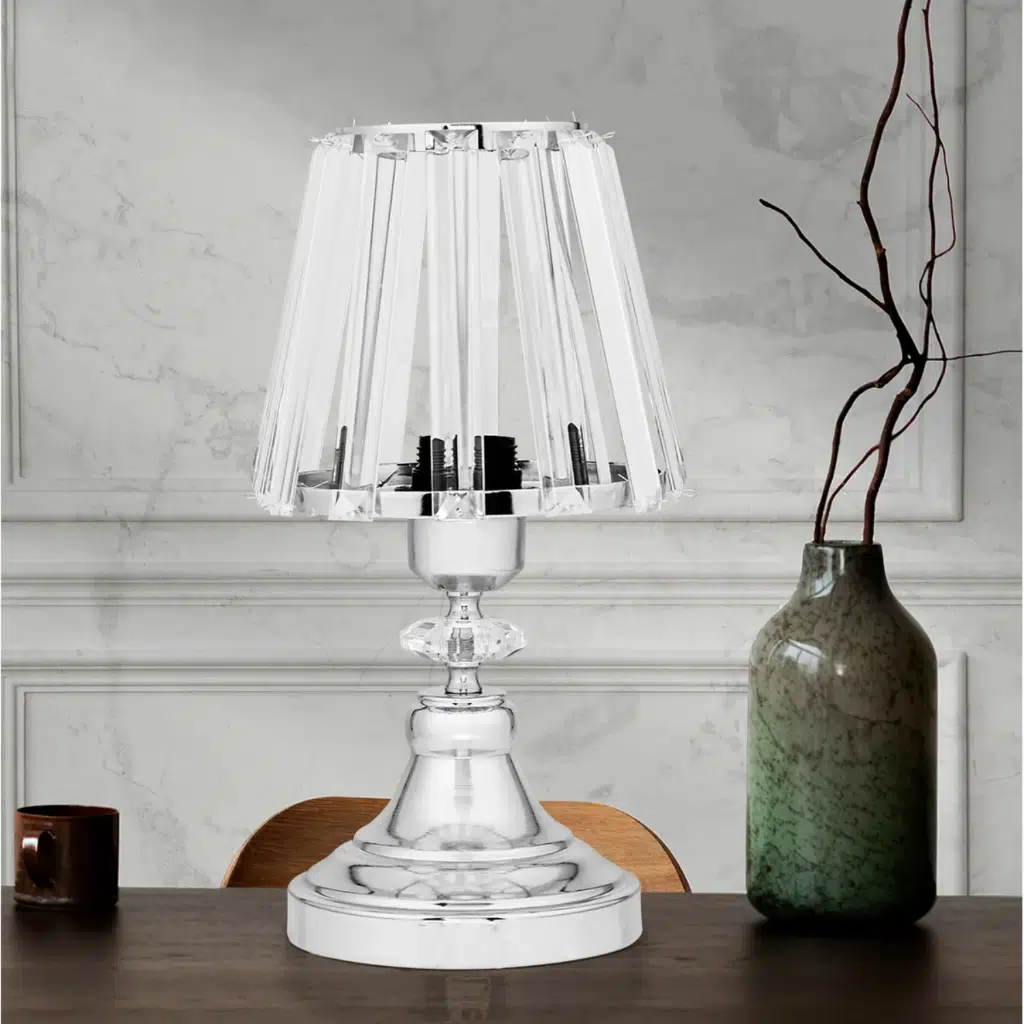 Gerçek Kristal Cam Başlık Krom Metal Gövdeli Yatak Odası Abajur Salon Lambası