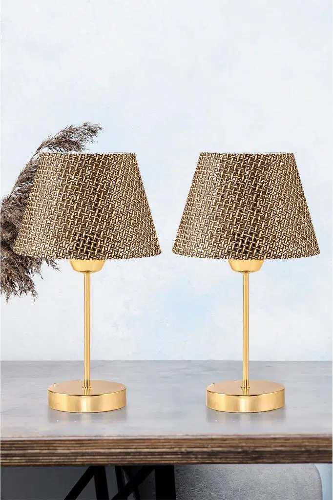 Star Gold Ayaklı Abajur Kahverengi Hasır Başlık Yatak Odası Salon Masa Lambası 2 Adet