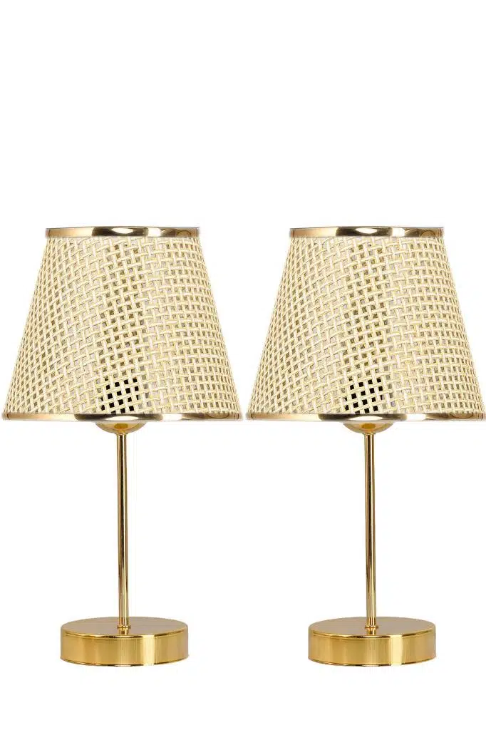 Star Gold Ayaklı Abajur Altın Şeritli Hasır Başlık Yatak Odası Salon Masa Lambası 2 Adet