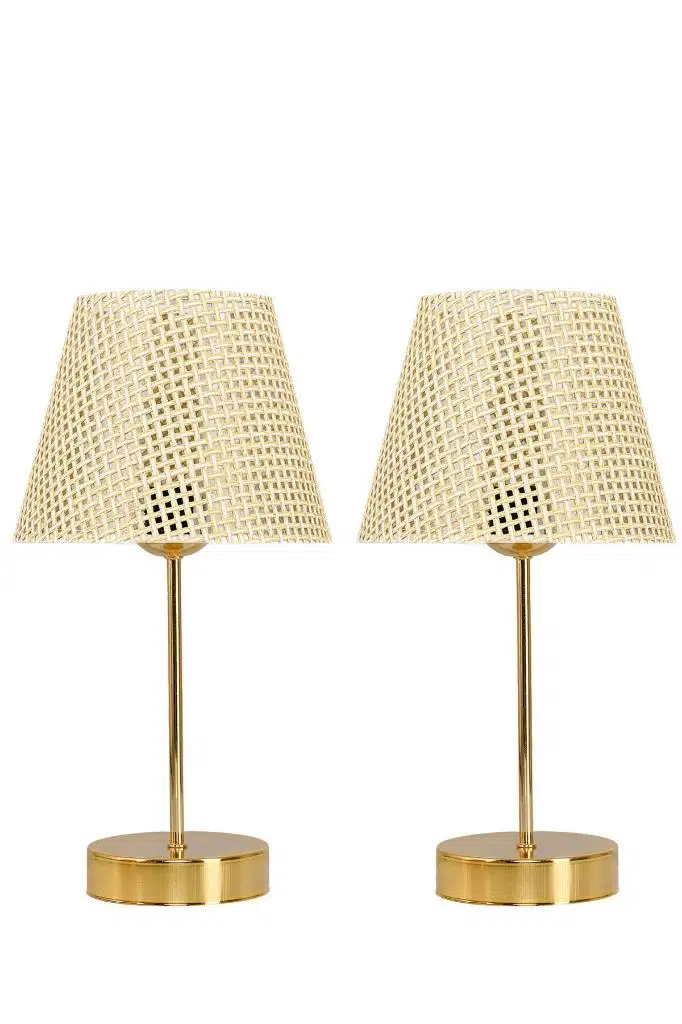 Star Gold Ayaklı Abajur Rattan Hasır Başlık Yatak Odası Salon Masa Lambası 2 Adet