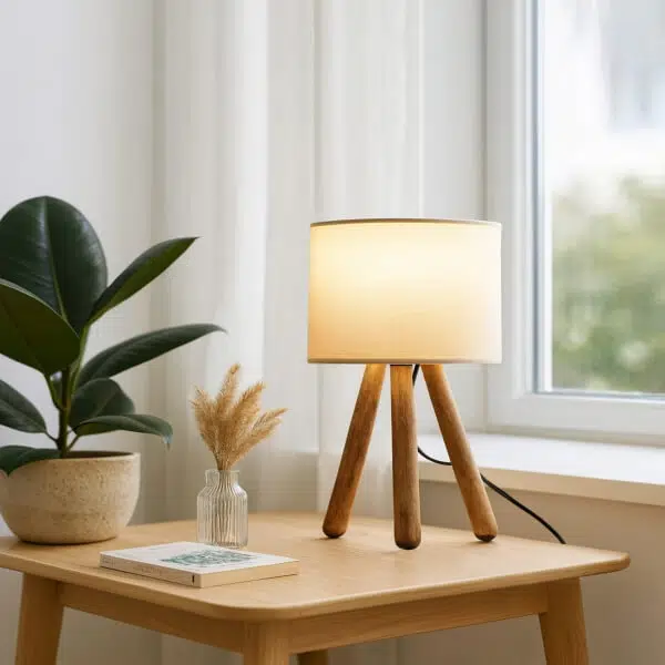 Naturel Ahşap Silindir Başlıklı Kahve Kumaş Abajur Genç Odası Yatak Odası Okuma Köşesi Lambası