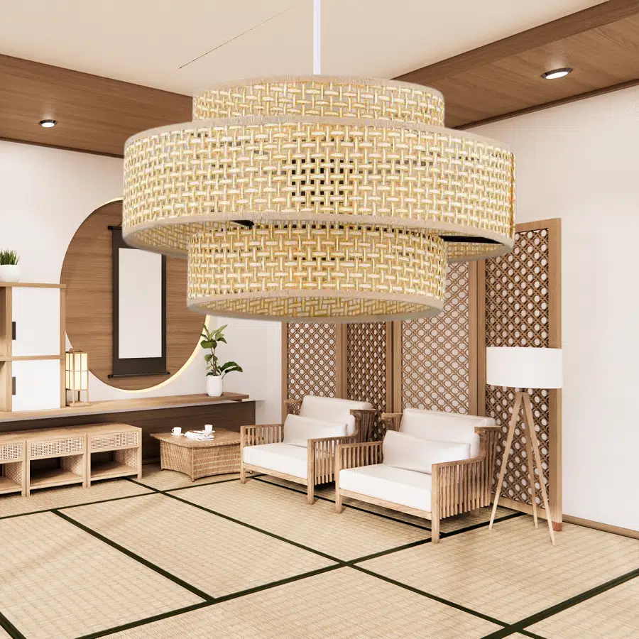 Otantik Trio Metal Kasalı Hasır Kaplama Rattan Salon Avize Üç Katlı Pasta Yatak Odası Sarkıt