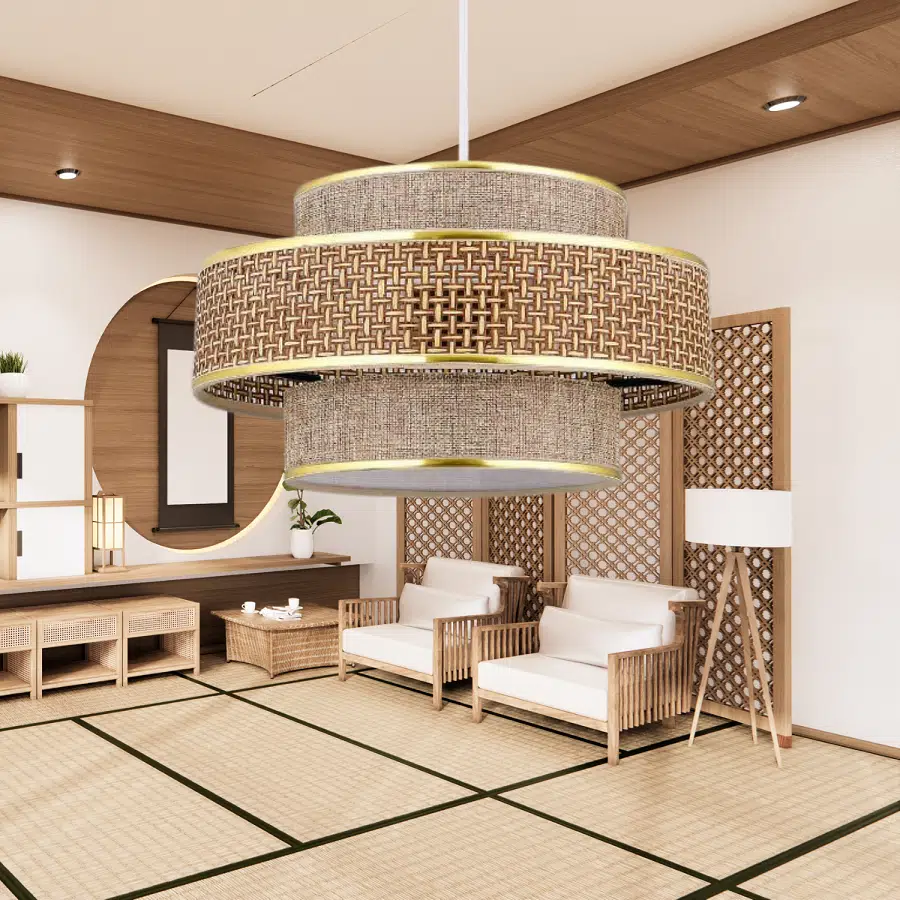 Otantik Trio Metal Kasalı Hasır Kaplama ve Bej Kumaş Salon Avize Üç Katlı Pasta Yatak Odası Sarkıt