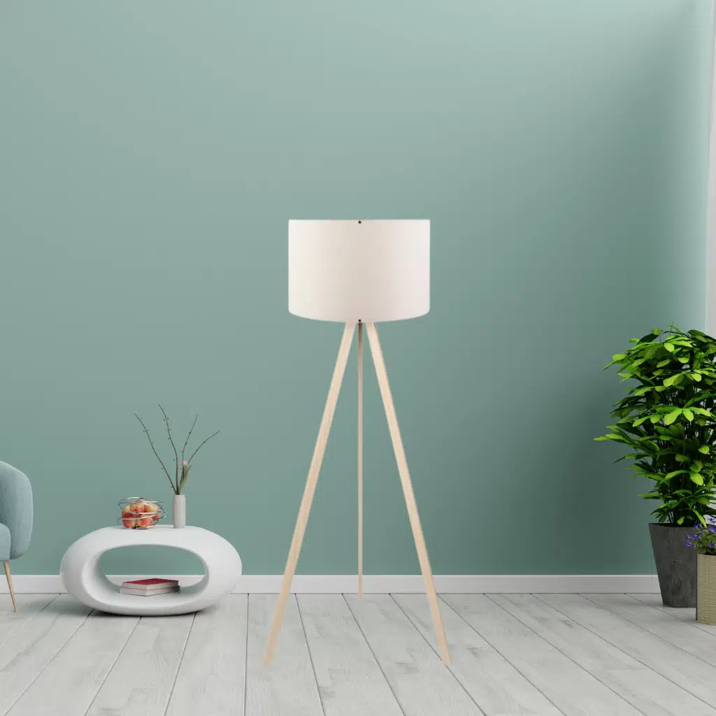 Pratik Ahşap Krem Üç Ayaklı Lambader Krem Kumaş Başlık Salon Yatak Odası Okuma Köşe Lambası