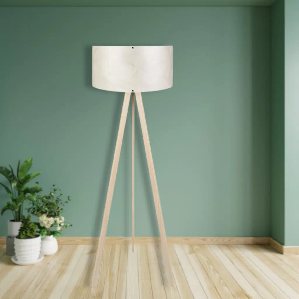 Pratik Ahşap Krem Üç Ayaklı Lambader Krem Dallı Pvc Silindir Başlık Salon Yatak Odası Köşe Lambası