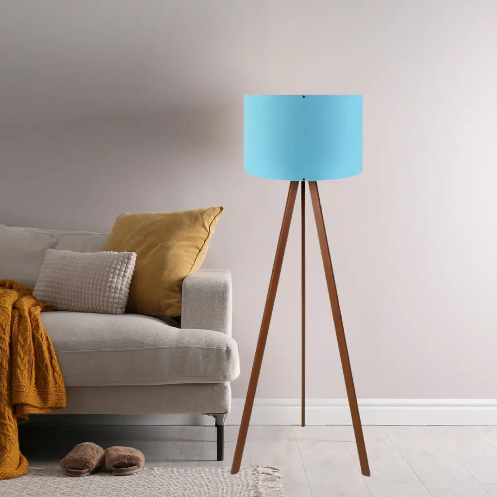 Pratik Ahşap Üç Ayaklı Lambader Mavi Turkuaz Silindir Başlık Köşe Lambası