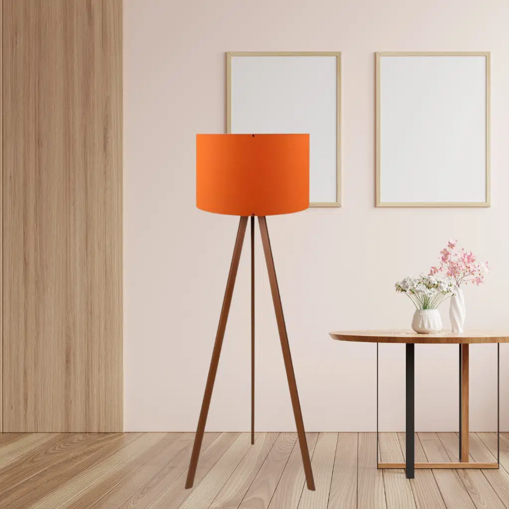 Pratik Ahşap Üç Ayaklı Lambader Turuncu Kumaş Başlık Salon Yatak Odası Köşe Lambası