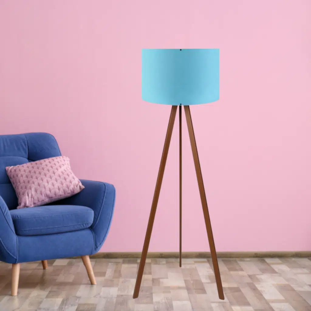 Pratik Ahşap Üç Ayaklı Lambader Mavi Başlık Salon Yatak Odası Köşe Lambası