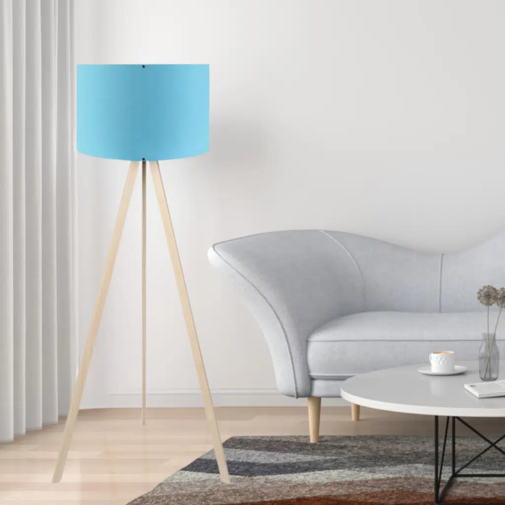Pratik Ahşap Krem Üç Ayaklı Lambader Mavi Kumaş Başlık Salon Yatak Odası Köşe Lambası