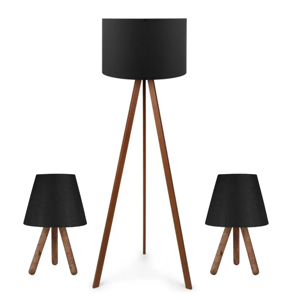 Pratik Tripod Lambader ve İki Adet Ahşap Üç Ayaklı Abajur Ceyiz Seti Siyah Kumaş