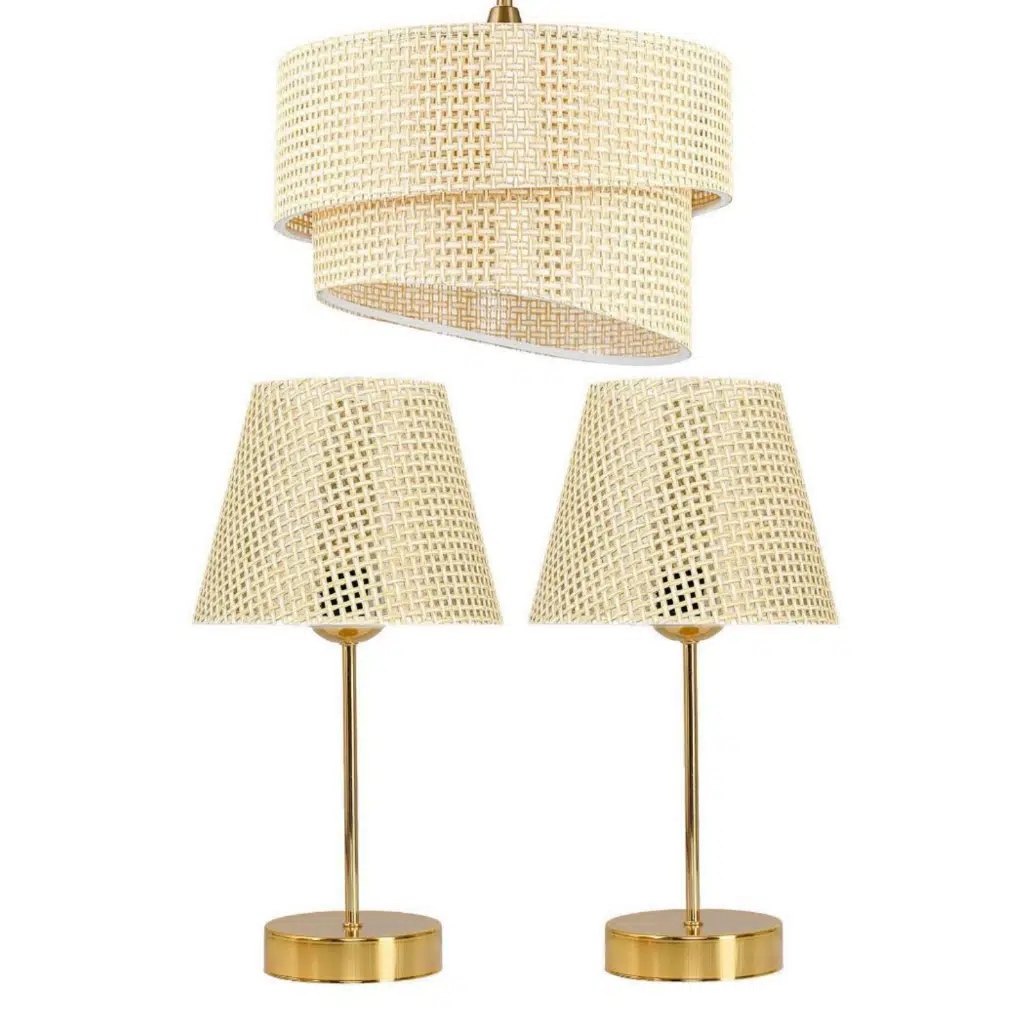 Rakkas Hasır Avize Asimetrik Sarkıt ve Hasır Başlık Gold Metal Ayaklı Abajur Seti