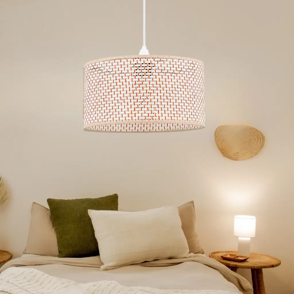 Rakkas Hasır Kaplama Metal Kasalı Silindir Krem Turuncu Avize Salon Yatak Odası Rattan Sarkıt