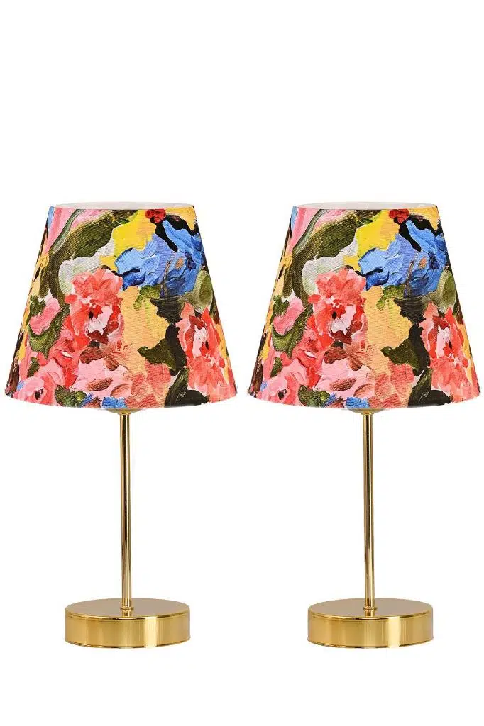 Star Gold Ayaklı Abajur Yağlı Boya Sanat Desenli Kumaş Başlık Yatak Odası Salon Masa Lambası 2 Adet