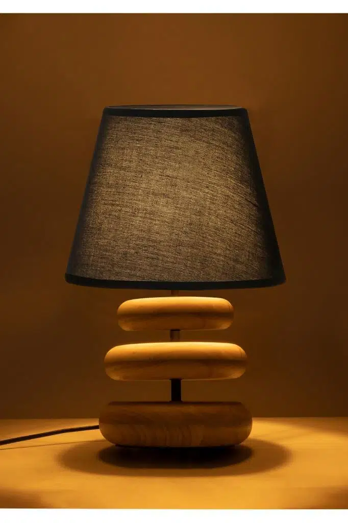 Afro Masif Ahşap Ayaklı Siyah Kumaş Şapkalı Dekoratif Abajur