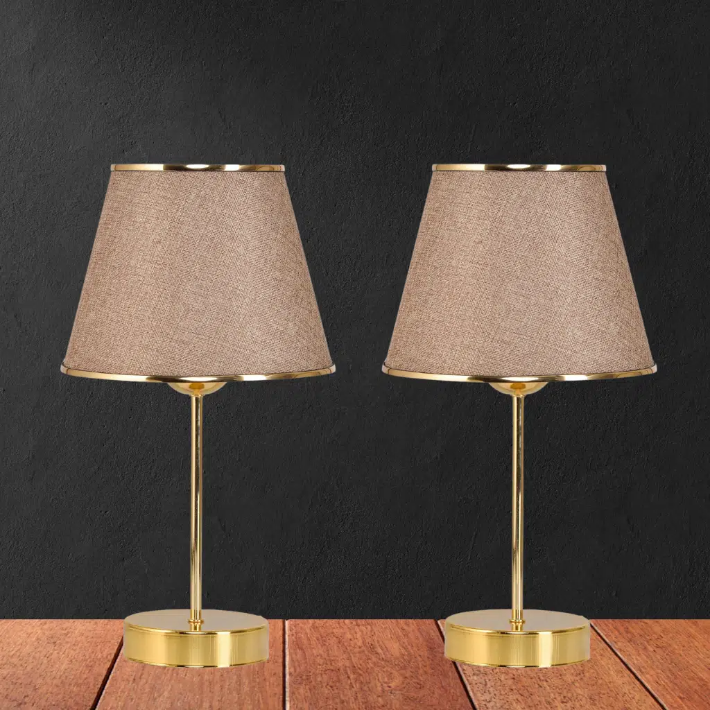 Star Gold Ayaklı Abajur Şeritli Kumbeji Kumaş Başlık Yatak Odası Salon Masa Lambası 2 Adet
