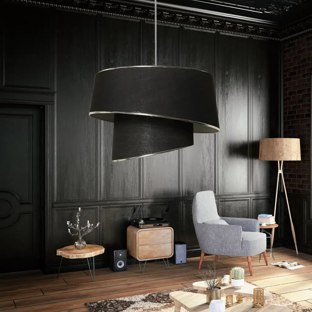 Stil Asitmetrik Pasta Avize Siyah Kumaş Gümüş Şeritli Yatak Odası Salon Sarkıt