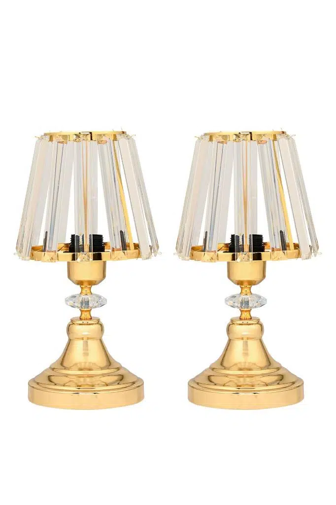 Gerçek Kristal Cam Başlık Gold Metal Gövdeli 2'li Yatak Odası Abajur İki Adet Gece Lambası