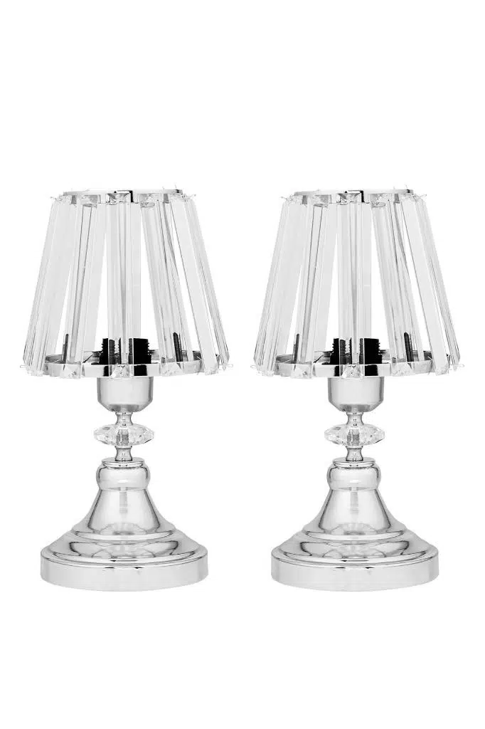 Gerçek Kristal Cam Başlık Krom Metal Gövdeli 2'li Yatak Odası Abajur İki Adet Gece Lambası