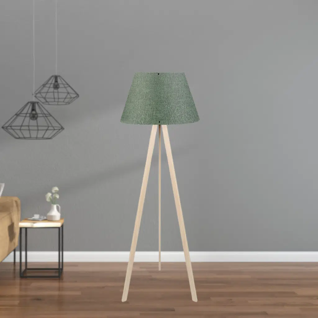 Pratik Tripod Krem Ahşap Gövdeli Konik Haki Başlıklı Lambader Yeşil Köşe Lambası