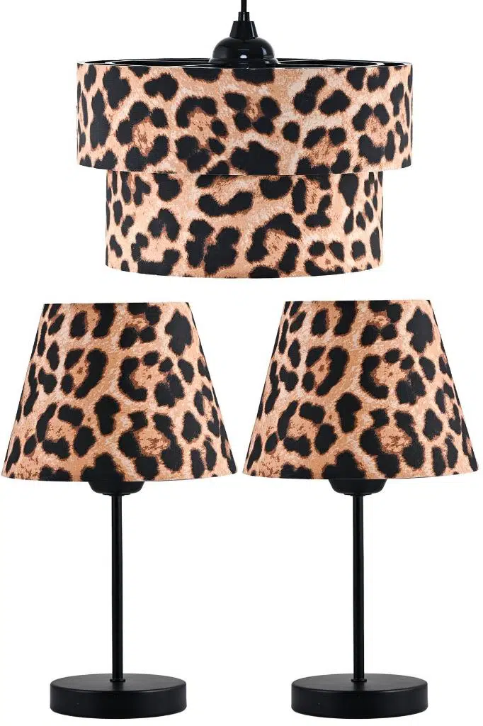 Leopar Desenli Pasta Avize ve Siyah Metal Ayaklı Abajur Seti Yatak Odası Sarkıt